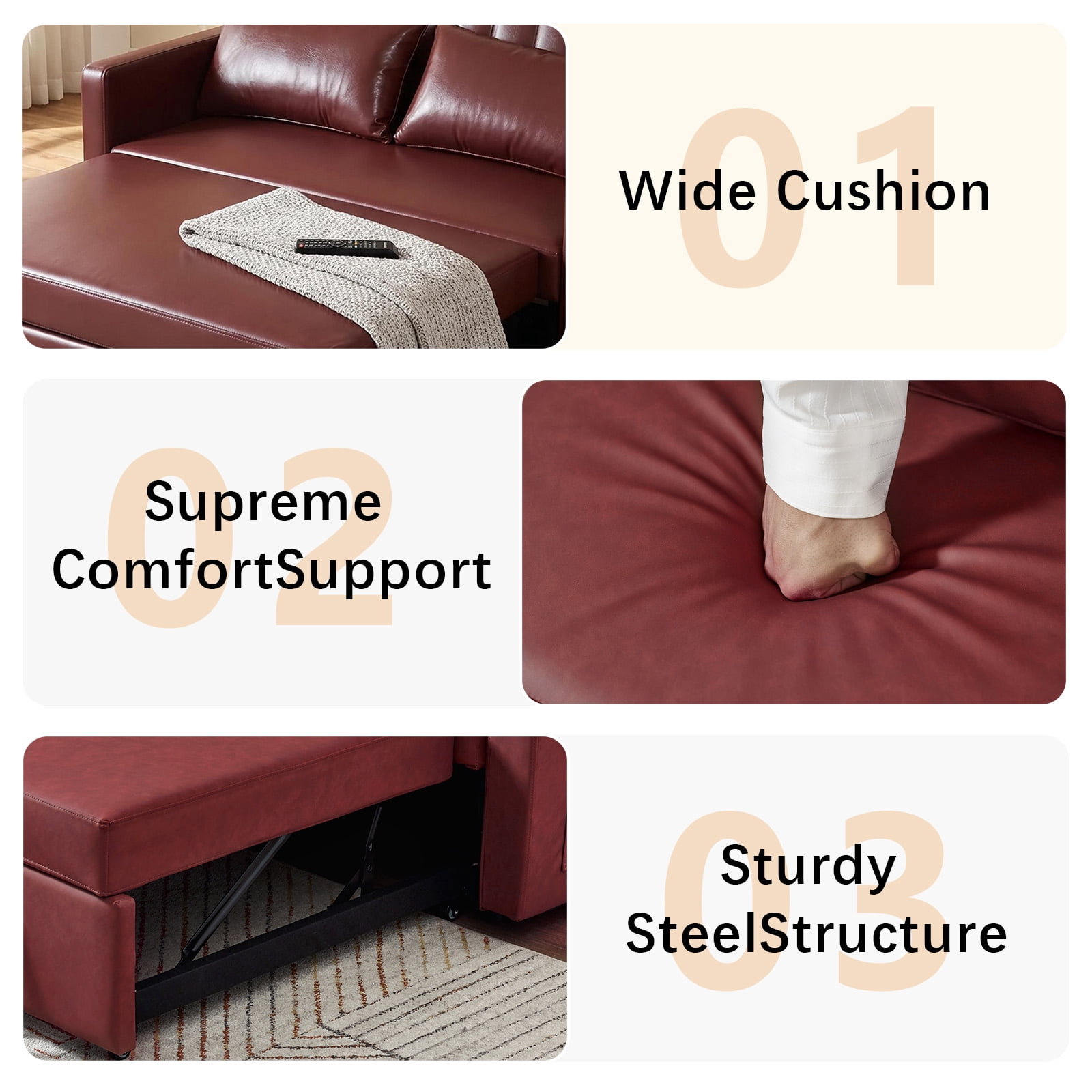 55" 3 in 1 Convertible Sleeper Sofa Bed, Leather Pull Out Sofa Bed, Loveseat Sleeper, Futon Sofa Couch with Side Pocket for Living Room, Apartment, Bedroom,Burgundy