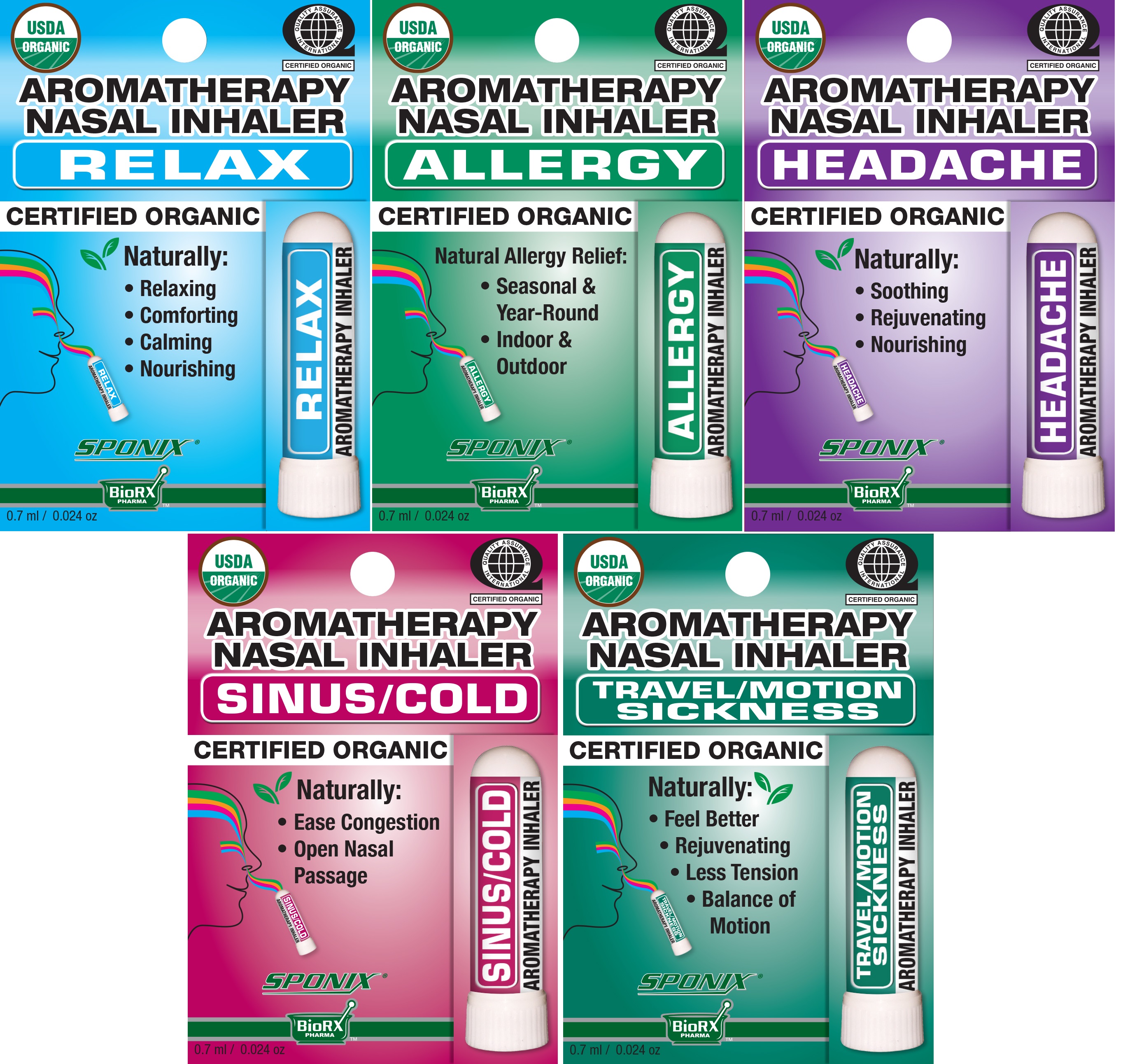 Nasal Inhaler Aromatherapy Gift Set of 5 Relax, Allergy, Headache