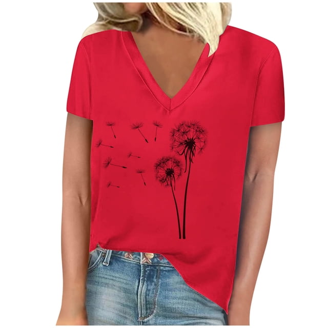 Camisetas de Manga Corta para las Mujeres, Impresión de Cuello en V Camiseta Casual Top Hecho de 95% Poliéster 5% Spandex para el Uso Diario de Primavera Verano, Camisetas para las Mujeres Casual