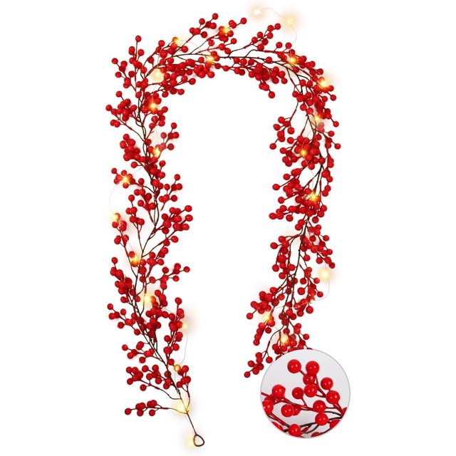 RECUTMS Guirlande de Noël aux Baies Rouges avec Lumière, Guirlande de Baies Rouges Artificielles Flexibles de 6 Pieds pour Décoration de Cheminée Intérieure Extérieure pour Décoration de Vacances d'Hiver Nouvel An (Baies Rouges 2)
