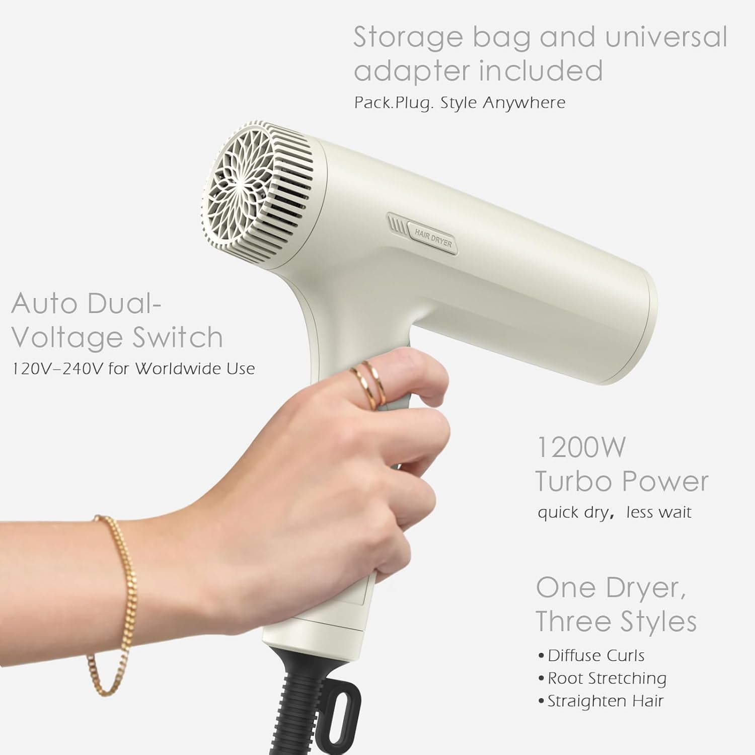 TOME Dual Voltage 1200W Hair Dryer with Diffuser,Foldable Travel Blow Dryer 3 Speed Setting with Comb Nozzle Power Adapter