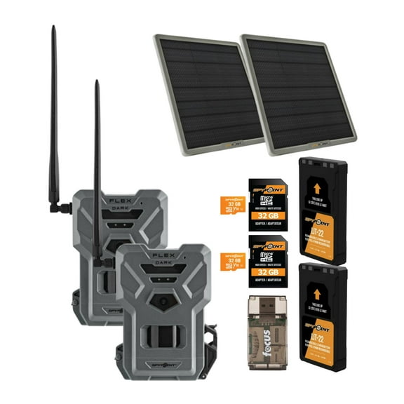 Spypoint Flex-Dark GPS Cellular Trail Camera (2-Pack) Bundle with 2 x 10W Battery 2 x Solar Panel 2 x 32GB SD Card and Card Reader (9 items)