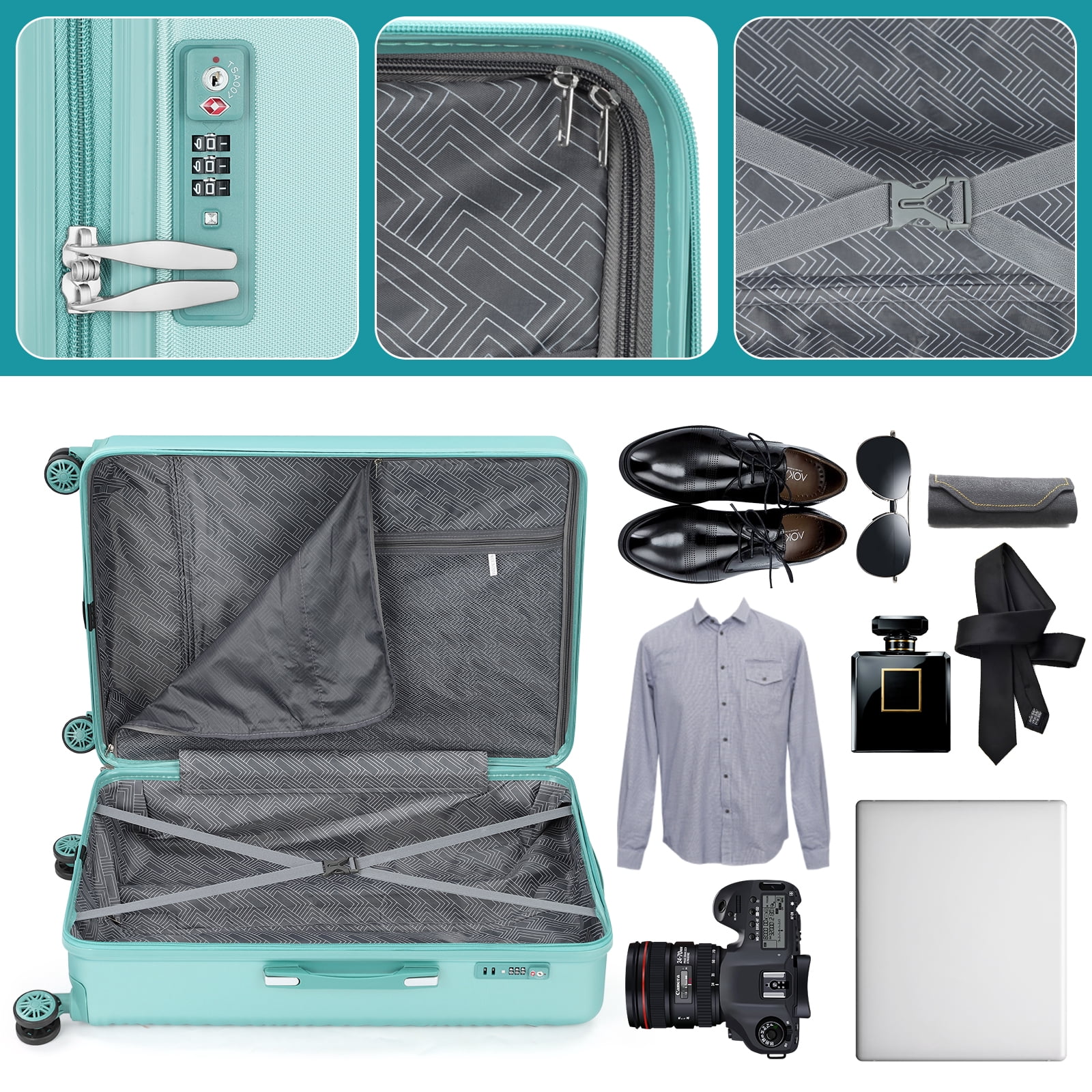Luggage 3-Pieces Set ABS Durable Suitcase Green 20"24"28"