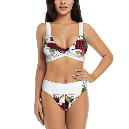 Zeuib Vintage Buffalo Plaid Christmas Camper High Waisted Tummy Control Bikini Set - Knot Front Push Up Top & Cheeky Thong Bottom  Two-Piece Swimsuit for Women-Large