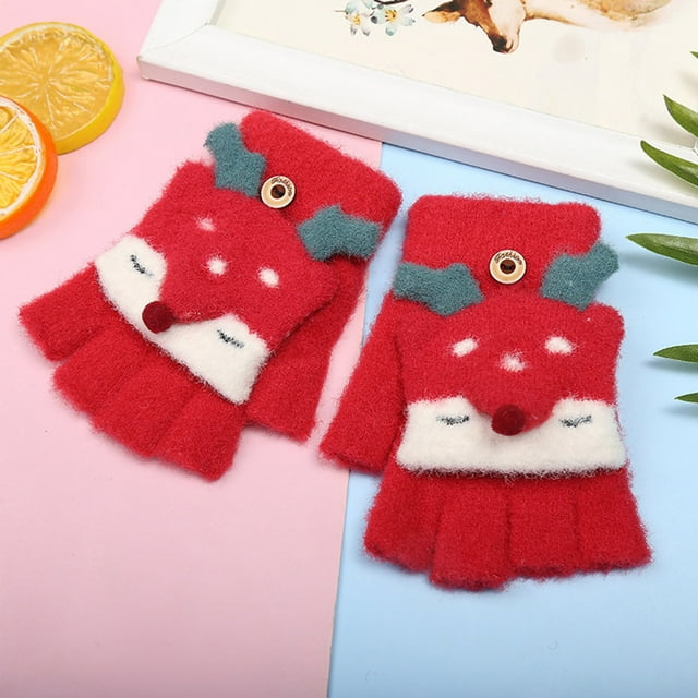 Jusqu'à 10 $ Gants Mitaines Rouges Hiver Enfants Gants Demi-Doigt Flip Flip Écriture Tricot Petit Renard Gants Chauds