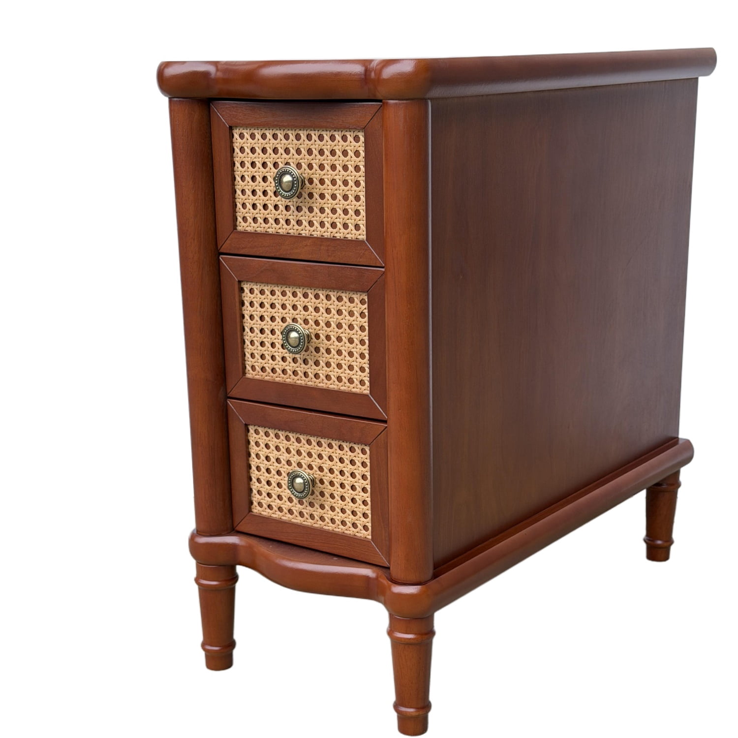 Hommoo Rattan End Table with 3 Drawers, Narrow Light & Seadrift Bedroom Side Table, Solid Wood Look MDF Nightstand for Living Room, Office or Bathroom, Walnut