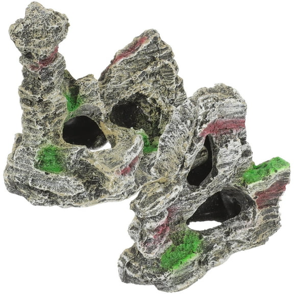 OATIPHO 2Pcs Aquarium Decoration Resin Rockery Statue for Fish Tank Pond with Realistic Mossy Mountain Look