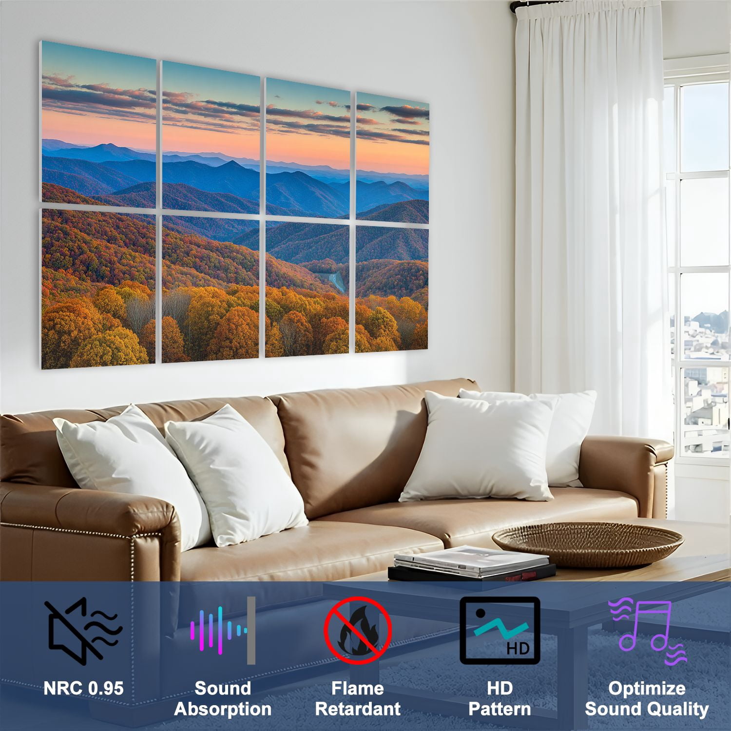 Forest 8 Pack Art Acoustic Panels Sound Absorbing Blue Ridge Mountains Sunset North Georgia Decorative Soundproof Wall Panels Self Adhesive for Nursery Game Room Bedroom 48"x32"
