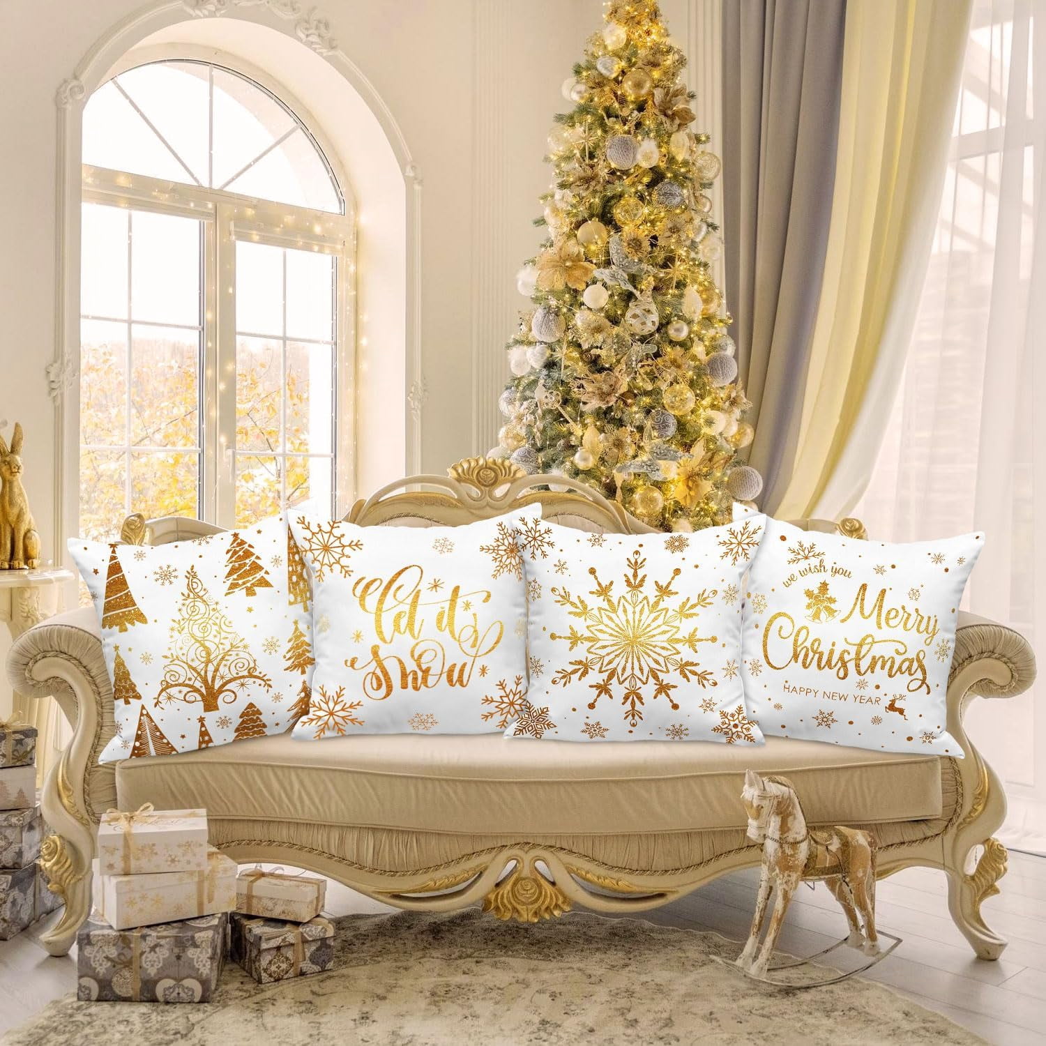 White and Gold Bronzing Christmas Throw Pillow Covers 18x18 Set of 4, 18 inch Decorative Xmas Cushion Covers Pillow Cases for 18 x 18 Home Bedroom Room Holiday Couch Decor Decorations