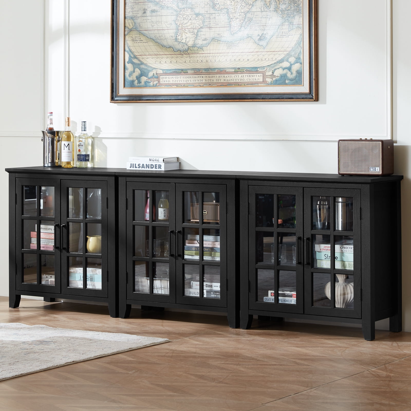 Joaxswe Buffet Storage Cabinet with Tempered Glass Doors, 31.5" Kitchen Cabinet with Adjustable Shelves, Black