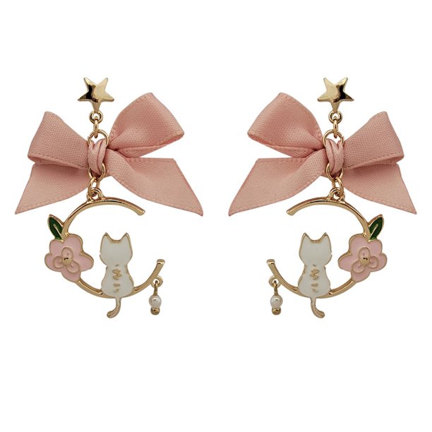 Pendientes pequeños con lazo rosa y flores, para mujer