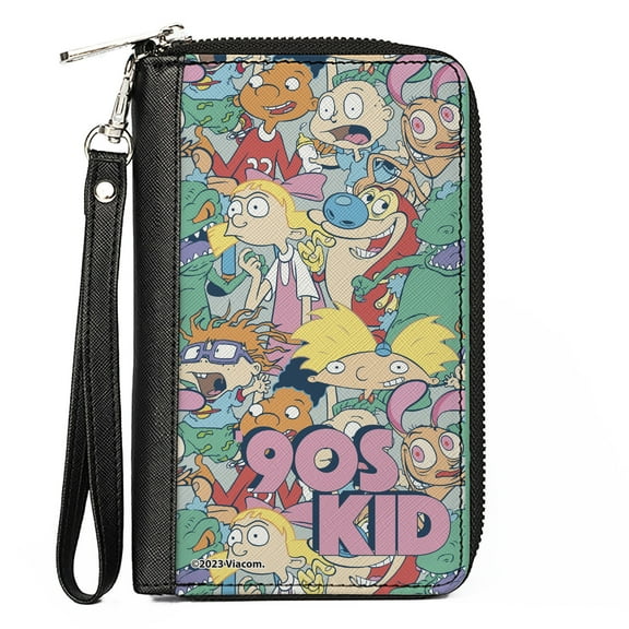 Nickelodeon Wallet, Zip Around, Nick Rewind 90s Kid Character Mash Up Collage , Vegan Leather