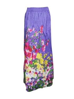 Mogul Women Purple Cotton Long Floral Skirt Summer Style Beach Maxi Skirts ML