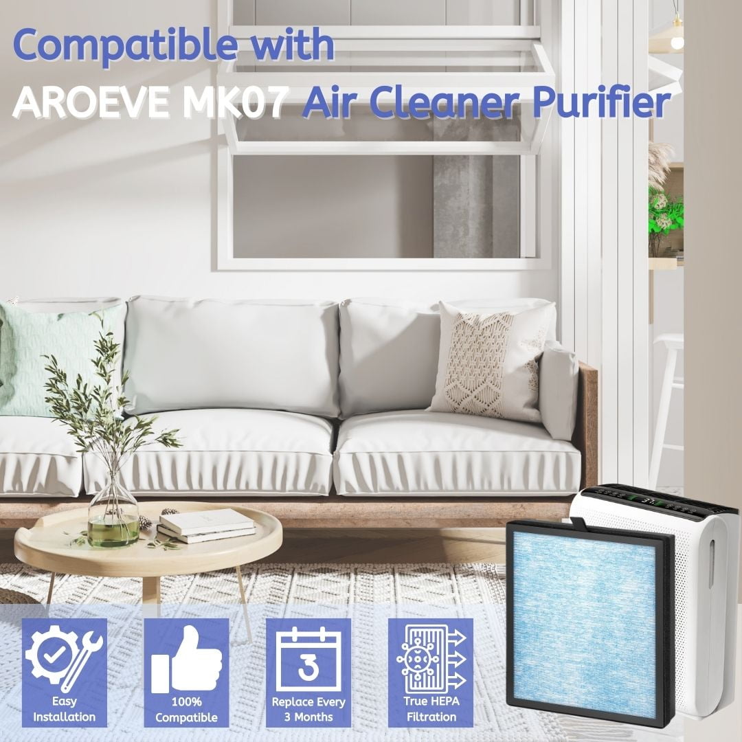 Nispira MK07 4-in-1 True HEPA Activated Carbon Filter Replacement Compatible With AROEVE MK07 Air Purifier. 3 pack