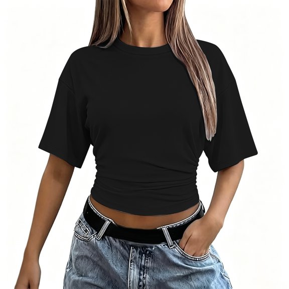 GZWYHT Crop Summer Tops Batwing Short Sleeve Ruched Waist Slim Fitted Basic Tees Going Out T Shirts Fashion Workout Summer Clothes Black L