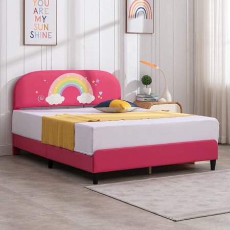 BALUS Kids Upholstered Full Bed Frame  Smooth Curved Headboard  Rainbow Design  Children s Protective  Easy Assembly  Pink