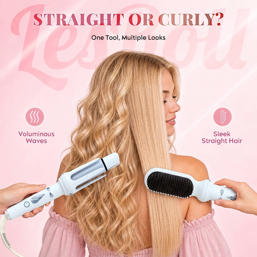 3-in-1 Curling Iron & Straightener Brush Kit – 1” & 1.25” Barrels for Beach Waves, Loose Curls & Smooth Hair