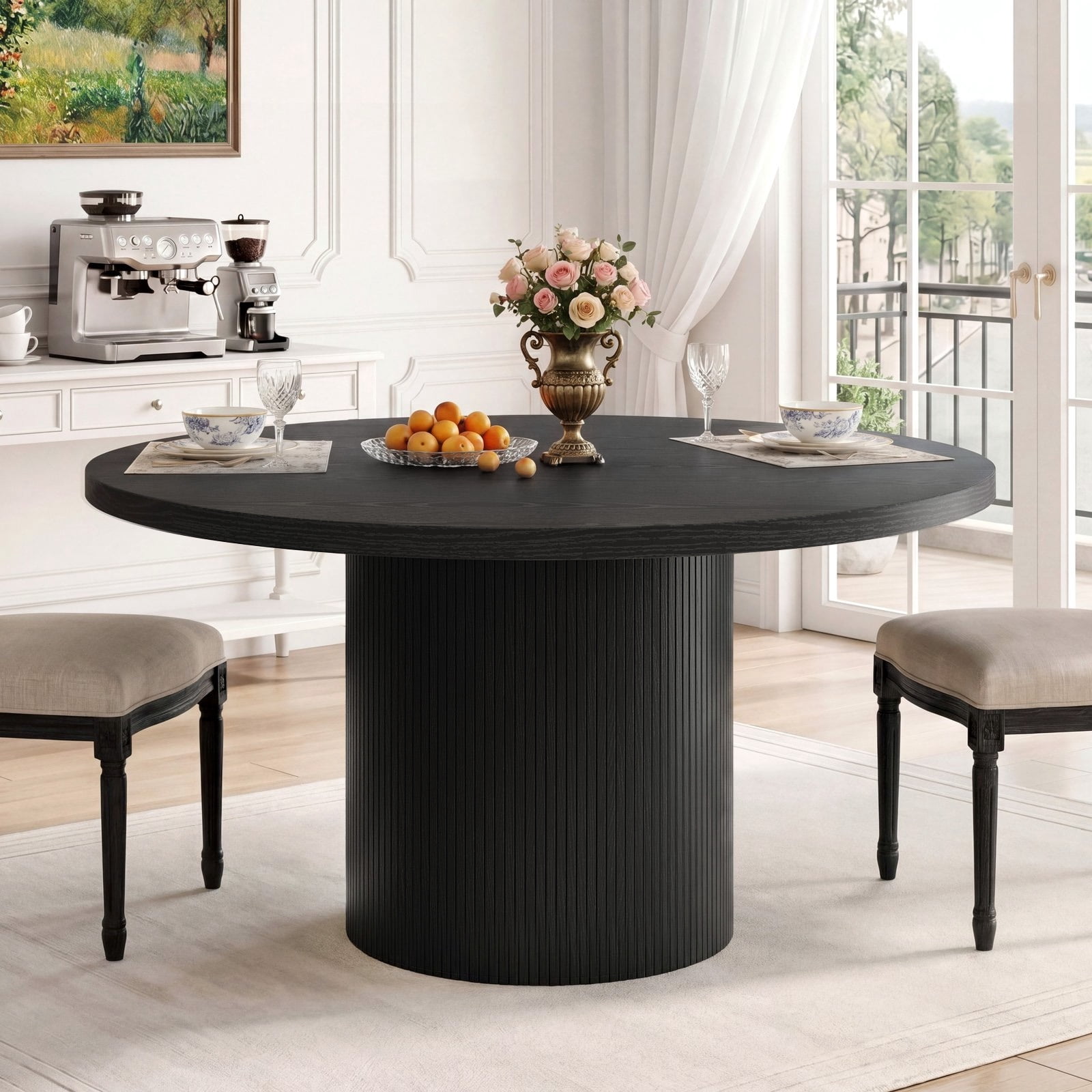 ROGALIS 47 inch Round Dining Table for 4-6, Circle Kitchen Table with Wood Strip Base, Modern Farmhouse Dinner Tables for Kitchen, Living Room, Black