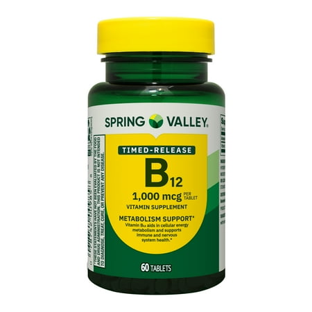 Spring Valley Vitamin B12 Supplement Timed-Release Tablets for Metabolism Support, 1000 mcg, 60 Count