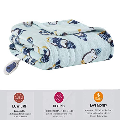 Beautyrest Plush Electric Blanket Throw for Cold Weather Multi Level Heat Settings Controller Secure Comfort Low EMF Technology and Auto Shut Off Safety 60x70 Aqua Penguins Walmart