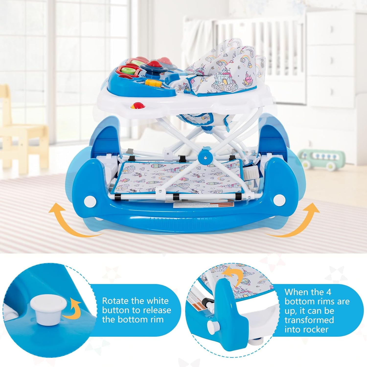 INFANS Baby Walker, 6 in 1 Behind Walker Learning Seated Rocker Bouncer with Removable Music Tray, Adjustable Height, Washable Seat Cushion, Foldable Activity Center for Toddlers