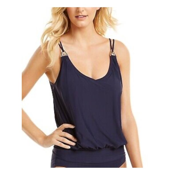 CALVIN KLEIN Women's Navy Stretch Deep V Neck Tankini Swimsuit Top S