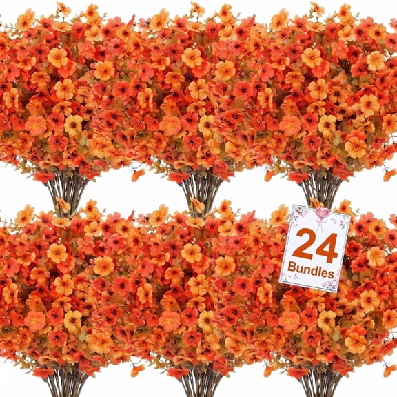 AcerichFad Artificial Fall Flowers Outdoors, 24 Bundles Autumn Faux Silk Flowers Fake Plants for Indoor Outside Yard Garden Porch Patio Autumn Thanksgiving Home Decor, Orange Yellow