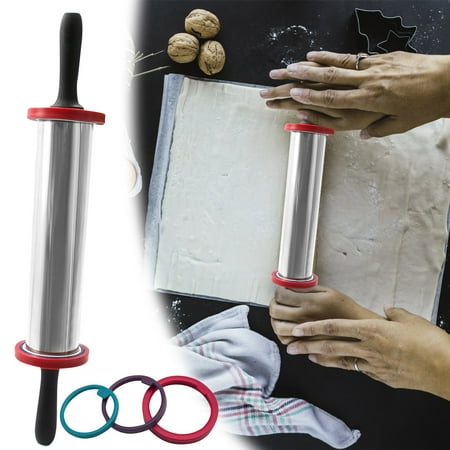 

VBXOAE Adjustable Stainless Steel Rolling Pin Set Non Stick Dough Roller for Pizza Pie Cookies Dumplings 3 Detachable Rings (1/8 1/4 1/2 Inch) 19 Total Length Kitchen Baking Tool