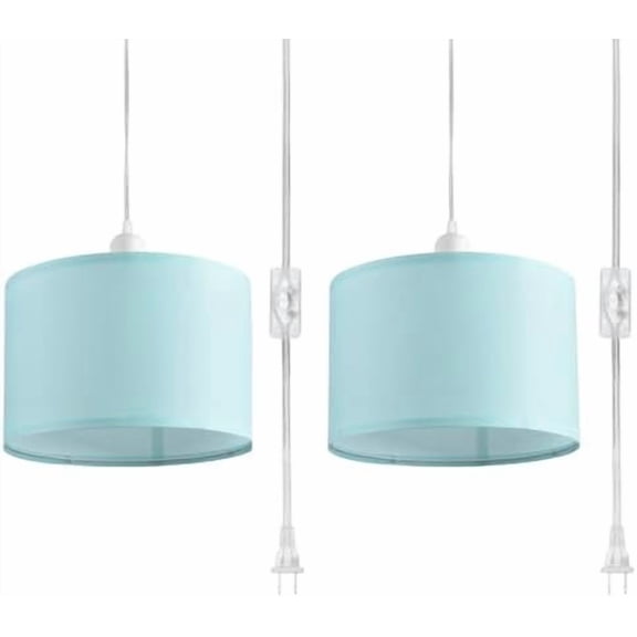 2 Pack Plug in Pendant Light, Hanging Light with 15Ft Clear Cord, On/Off Switch, Blue Fabric Lamp Shade, Hanging Light Fixture for Bedroom, Kitchen, Living Room, Dining Table