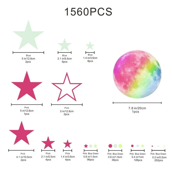 1560pcs Color Luminous Stickers, Blue Dots Rainbow Moon, Glowing Design, for Crafts Decor, Youths Adults, Festive Party Supplies, Shiny Vinyl, Educational Toys, Office Desk Accents, Window Akmoler