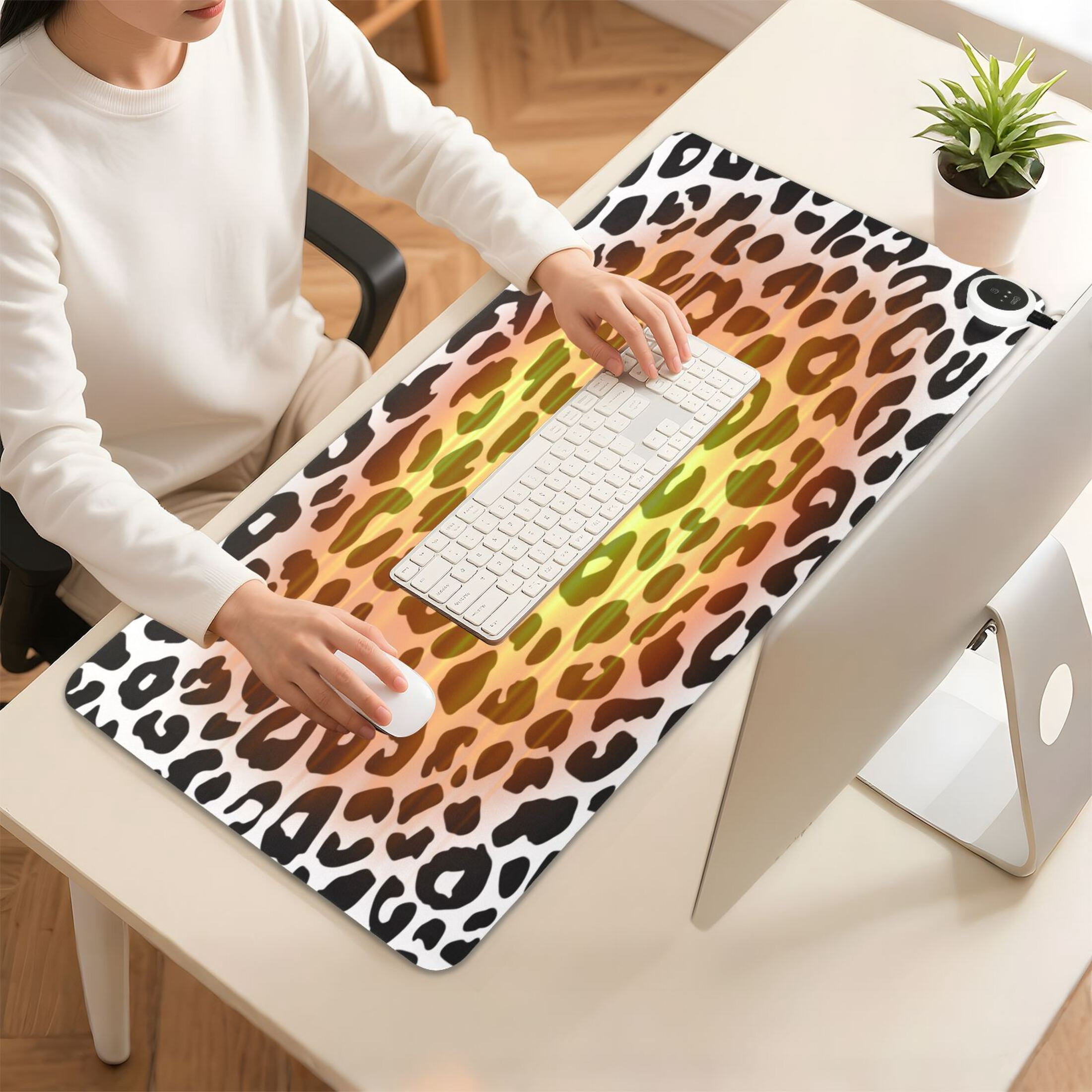 Large Heated Desk Mat Mouse Pad 31.5"x13"PU Leather Graphene Heating Desk Warmer with 3 Temperature Settings 110V US Plug Non-Slip Warm Pad for Home, Office, and Gaming Minimalist Black Leopard Print