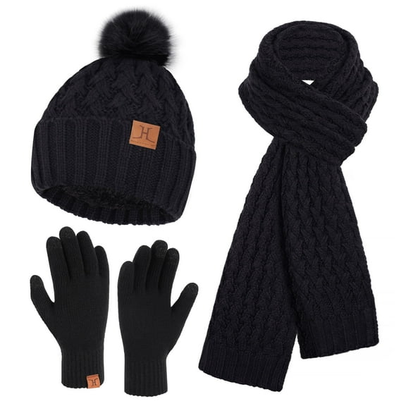 FZ FANTASTIC ZONE Womens Winter Hat Long Scarf Touch Screen Gloves Set Warm Beanie Hats Neck Warmer Knit Caps with Pom Fleece Lined Gifts for Women