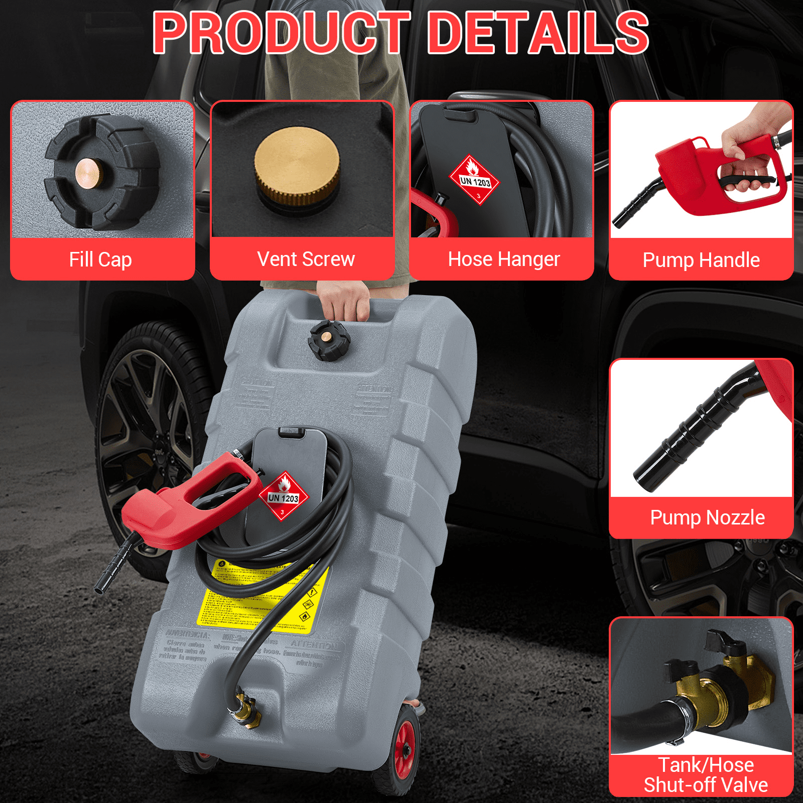JoanKaren Industrial Portable Fuel Tank 15 Gallon Container Caddy Tank with 10-Foot Hose,Wheeled Utility Transfer Tank,Grey
