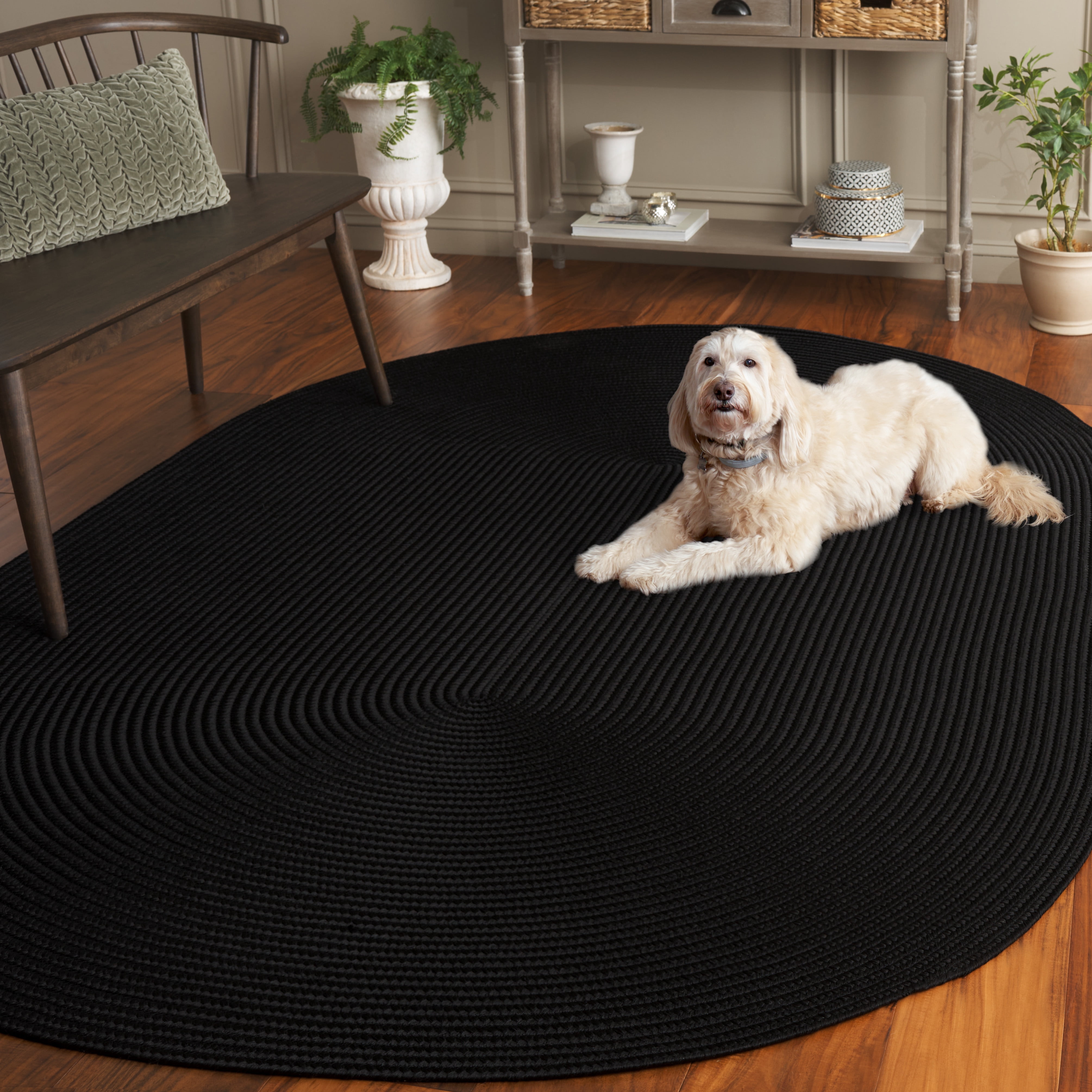 SAFAVIEH Braided Rishika Solid Machine Washable Reversible Area Rug, Black, 5' x 8' Oval