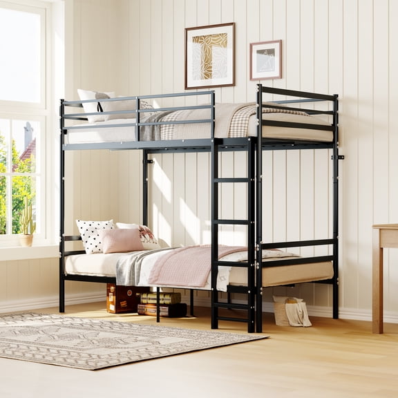 Mintazer Convertible Twin Over Twin Metal Bunk Bed Frame with Guardrail & Ladder, Separable into 2 Independent Twin Beds for Kids Teens Guest Room, No Box Spring Needed, Black