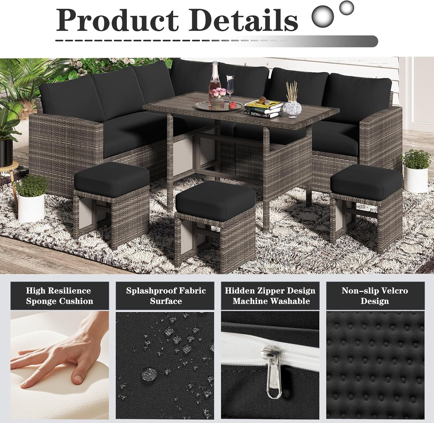 AECOJOY Outdoor Patio Furniture Cushions, 4-Inch Memory Foam Replacement Cushions for 7-Seat Sectional Wicker Conversation Set, Black