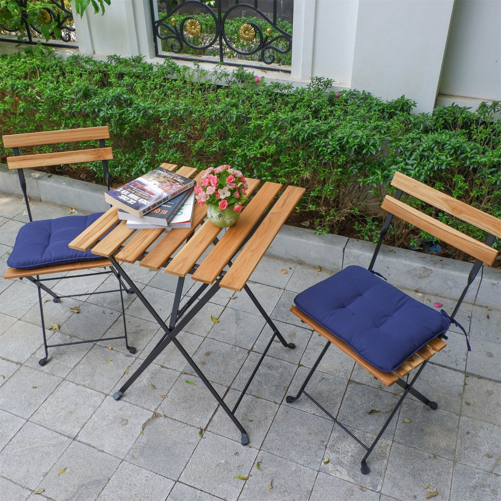3 Piece Patio Bistro Set, Outdoor Teak Wood Folding Table and Chair Set