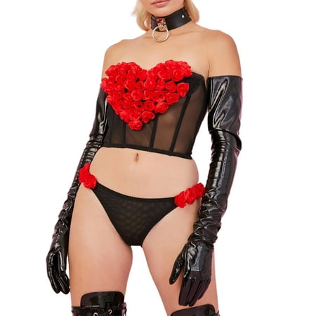 

FOCUSNORM Women Lingerie Tanks Tops + Briefs Flower Heart Decoration Short Style Charm Valentine s Day Outfits