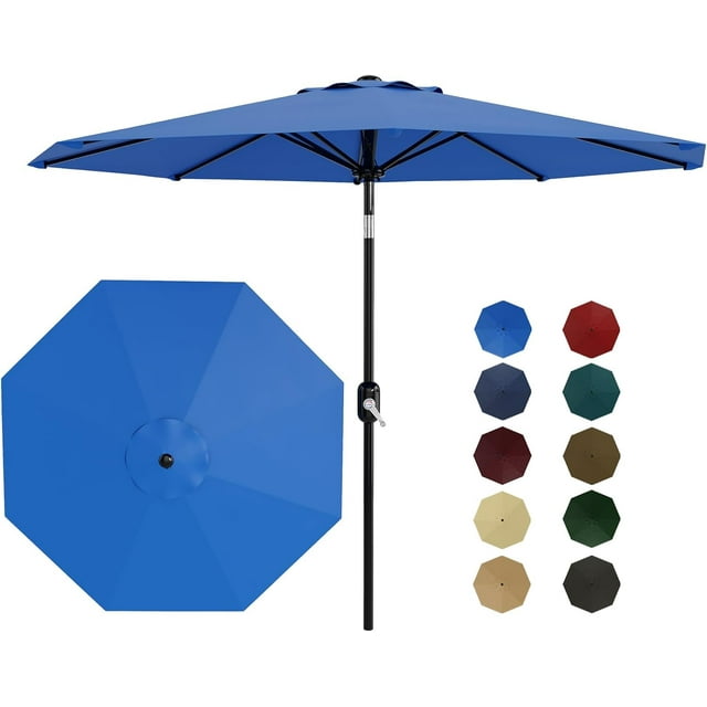 Patio Umbrella 9ft, Table Umbrella Outdoor Patio UV Protection with Crank Lift & Push Button Tilt, 8 Sturdy Ribs for Yard, Deck, Pool - Azure
