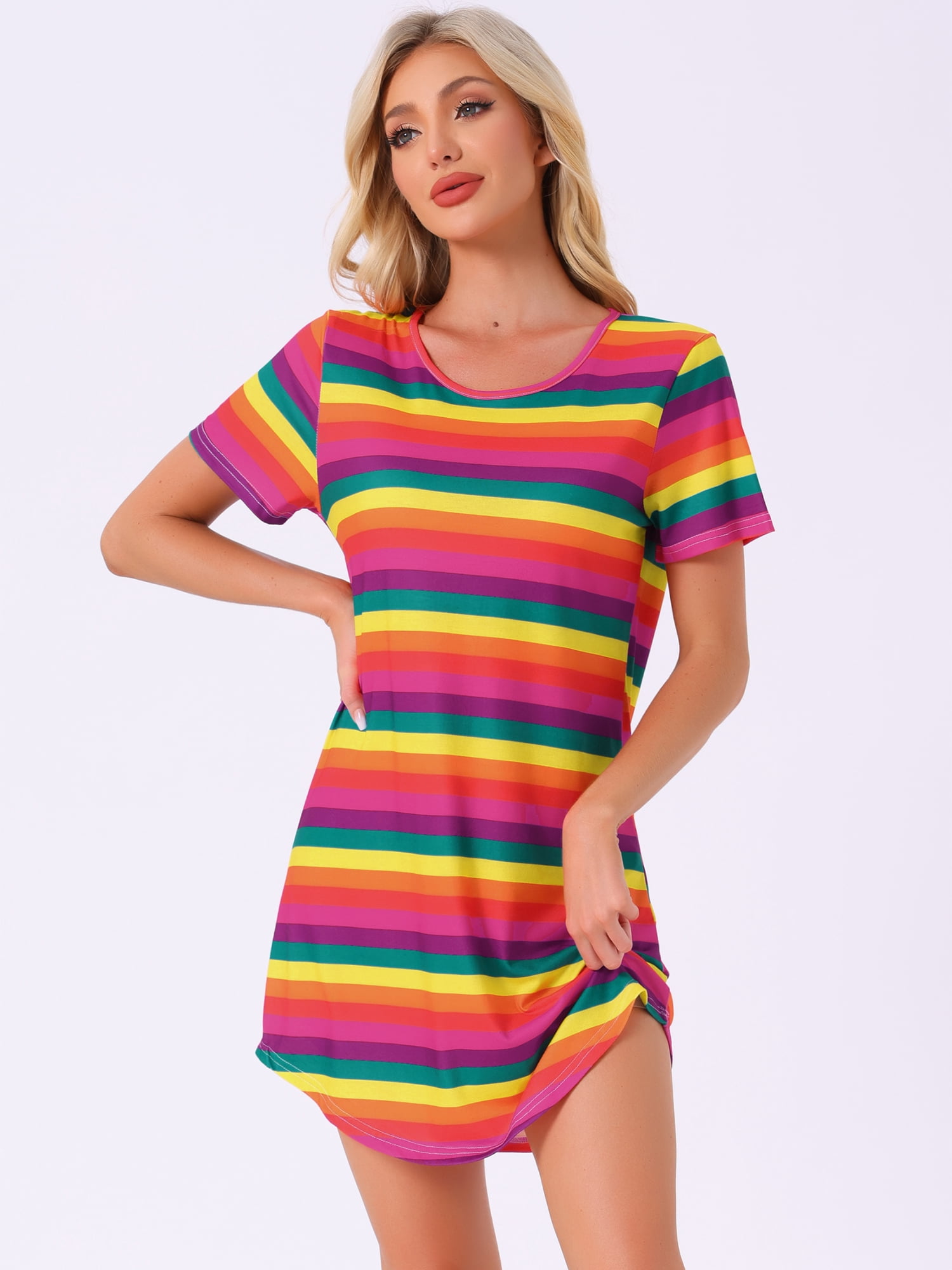 DARING DIVA Women's Colorful Striped Short Sleeve Nightgown XL Hot Pink