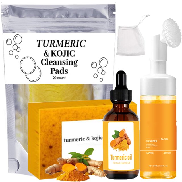 Juego de 4 piezas de lavado y cuidado de cúrcuma: barra de jabón de cúrcuma y almohadillas de limpieza, limpiador de mousse y kit de lavado facial de aceite esencial para mujeres y hombres, almohadill