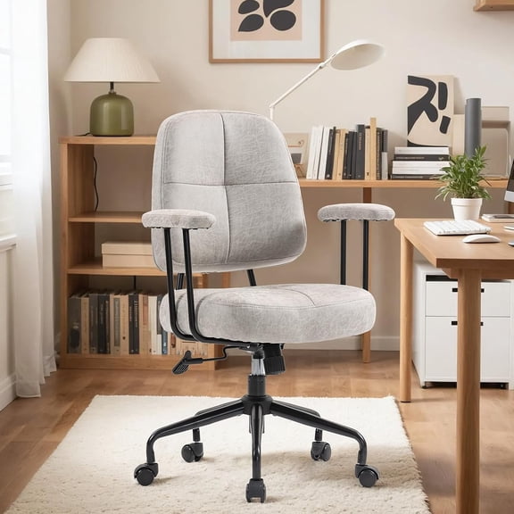 ECOTOUGE Home Office Chair, Adjustable Faux Leather Desk Chair for Home Office, Mid Century Modern Comfy Computer Chair with Wheels, Upholstered Desk Chair with Armrests for Home Office, Grey