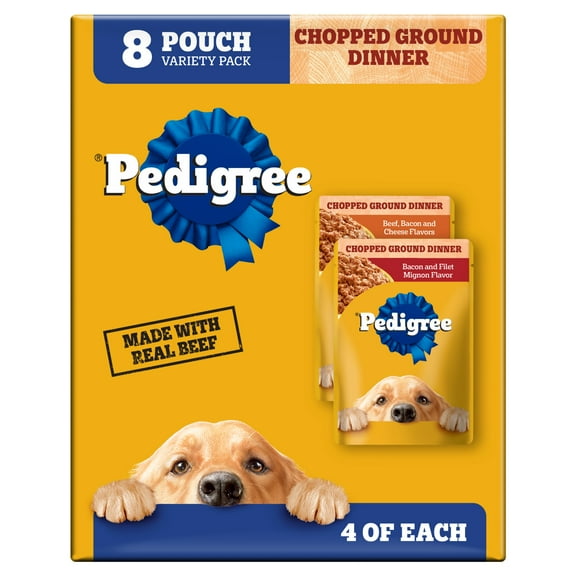 Pedigree Chopped Ground Dinner Bacon & Filet Mignon Variety Pack Wet Dog Food, (8) 3.5 oz Pouches