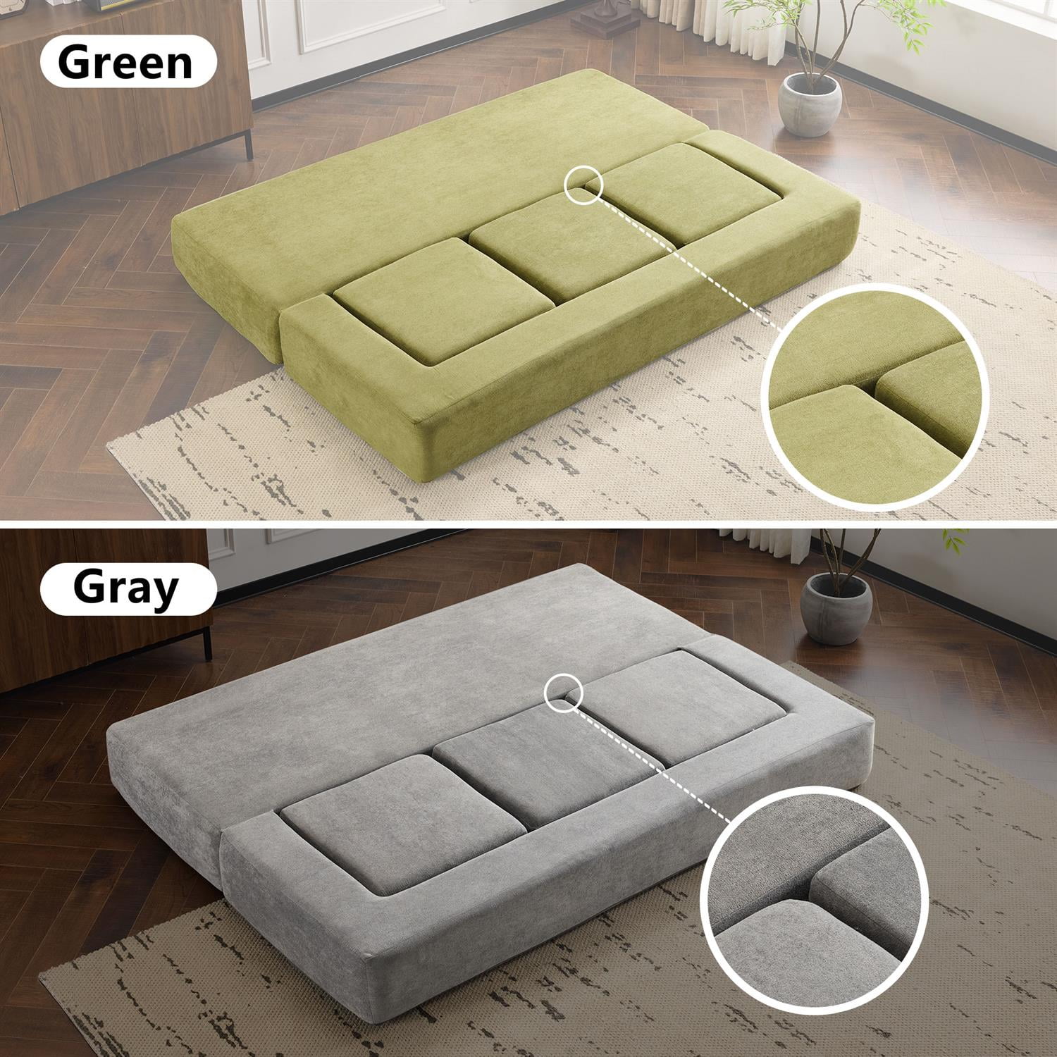 Demi Bonn Convertible Sectional Sofa with 3 Storage Ottomans, Space-Saving Chenille Couch, High-Resilience Foam for Studio Apartments & Home Offices, Green