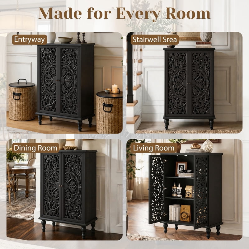 Freestanding Accent Storage Cabinet with Hollowed Out Carved Double Door, Farmhouse Display Buffet Chest with Adjustable Shelf