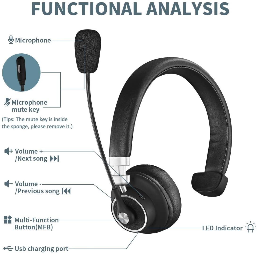 Trucker Bluetooth Headset/Office Wireless Headset with Extra Boom Noise Reduction Microphone, over the Head Headphone On Ear Car Bluetooth Headphones for Cell Phone, Skype, Truck Driver, Call Center