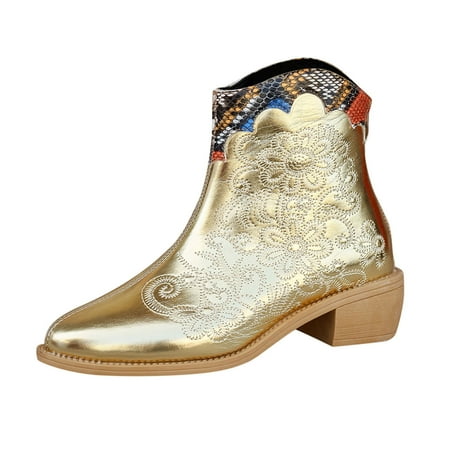 OJSFQUFP Womens Booties Ladies Fashion Ethnic Style Solid Color Embroidered Leather Face Pointed Zipper Thick Heel Short Boots Motorcycle Shoes for Women Gold 42