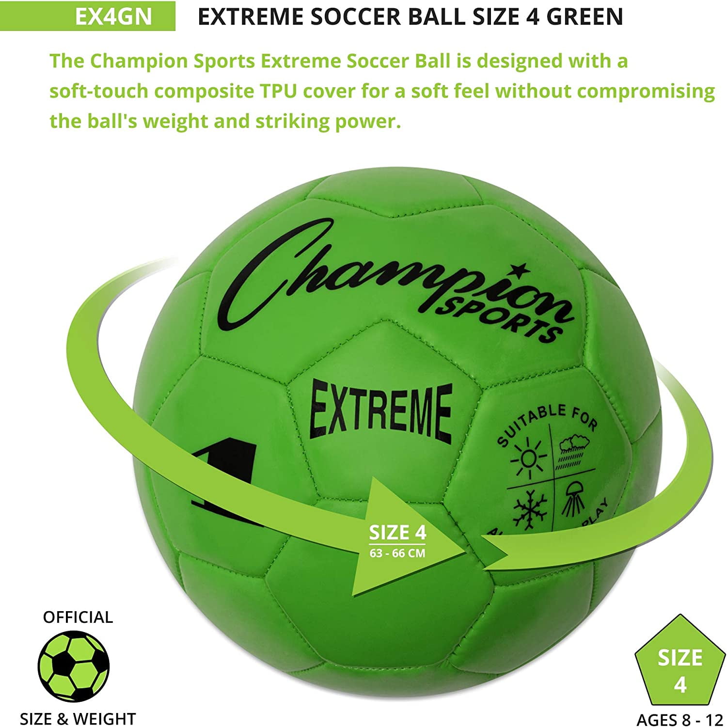 Champion Sports Extreme Series Soccer Ball, Size 4 - Youth League, All Weather, Soft Touch, Maximum Air Retention - Competitive and Recreational Futbol Games, Green