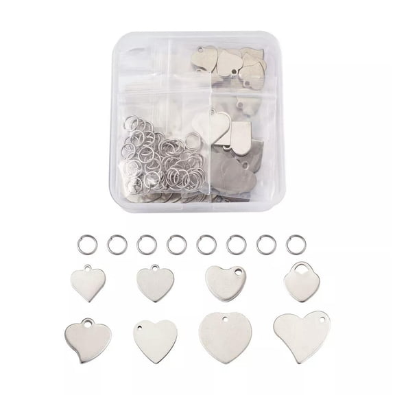 U8MO 160pcs 304 Stainless Steel Heart Stamping Blank Tag Pendants 11~18mm &Jump Rings