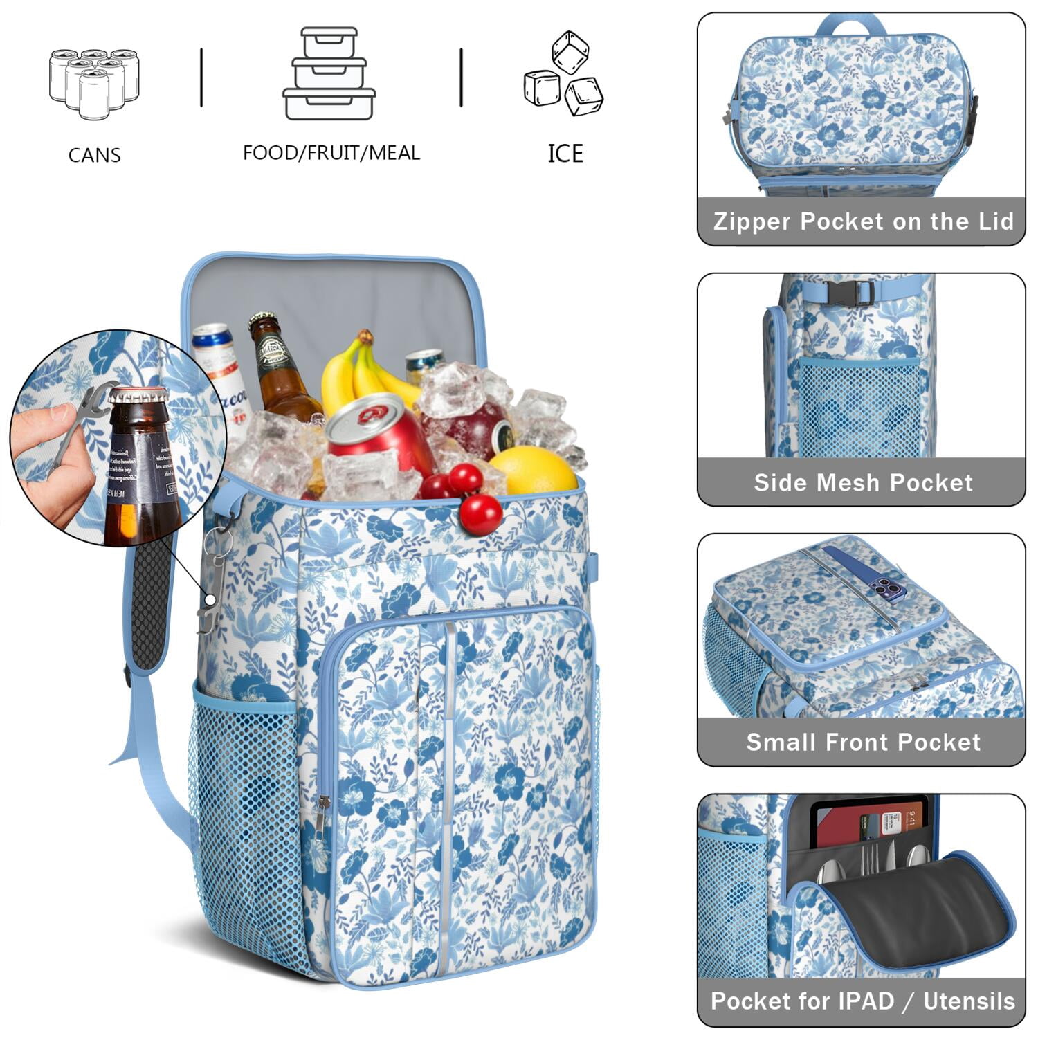 Travel Cooler Bag - Pioneer Flower Floral Print Pattern Camping Beer Cooler Backpack with Bottle Opener- Waterproof Insulated Picnic Backpacks - Cooler Bag for Beach